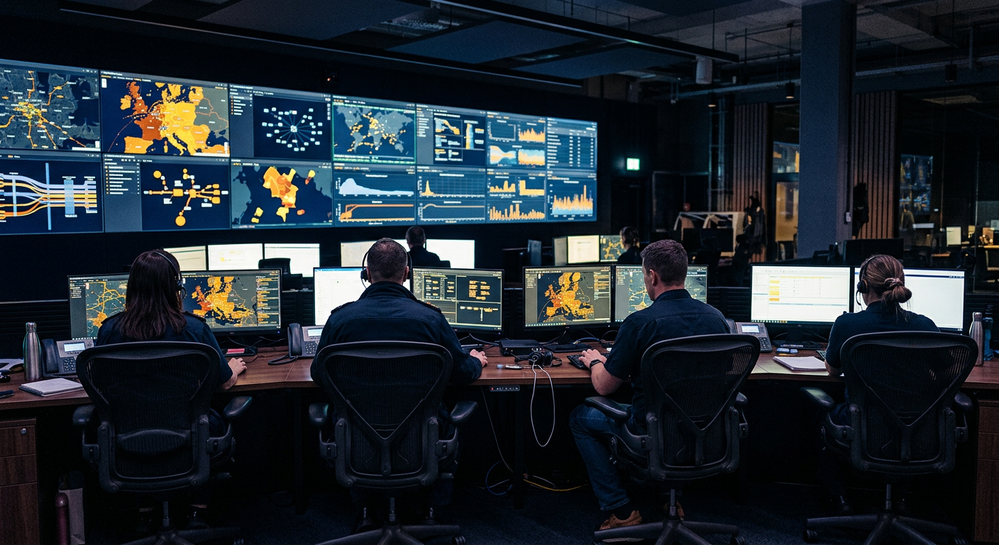 Operators in a fleet operations control room viewing large screens
