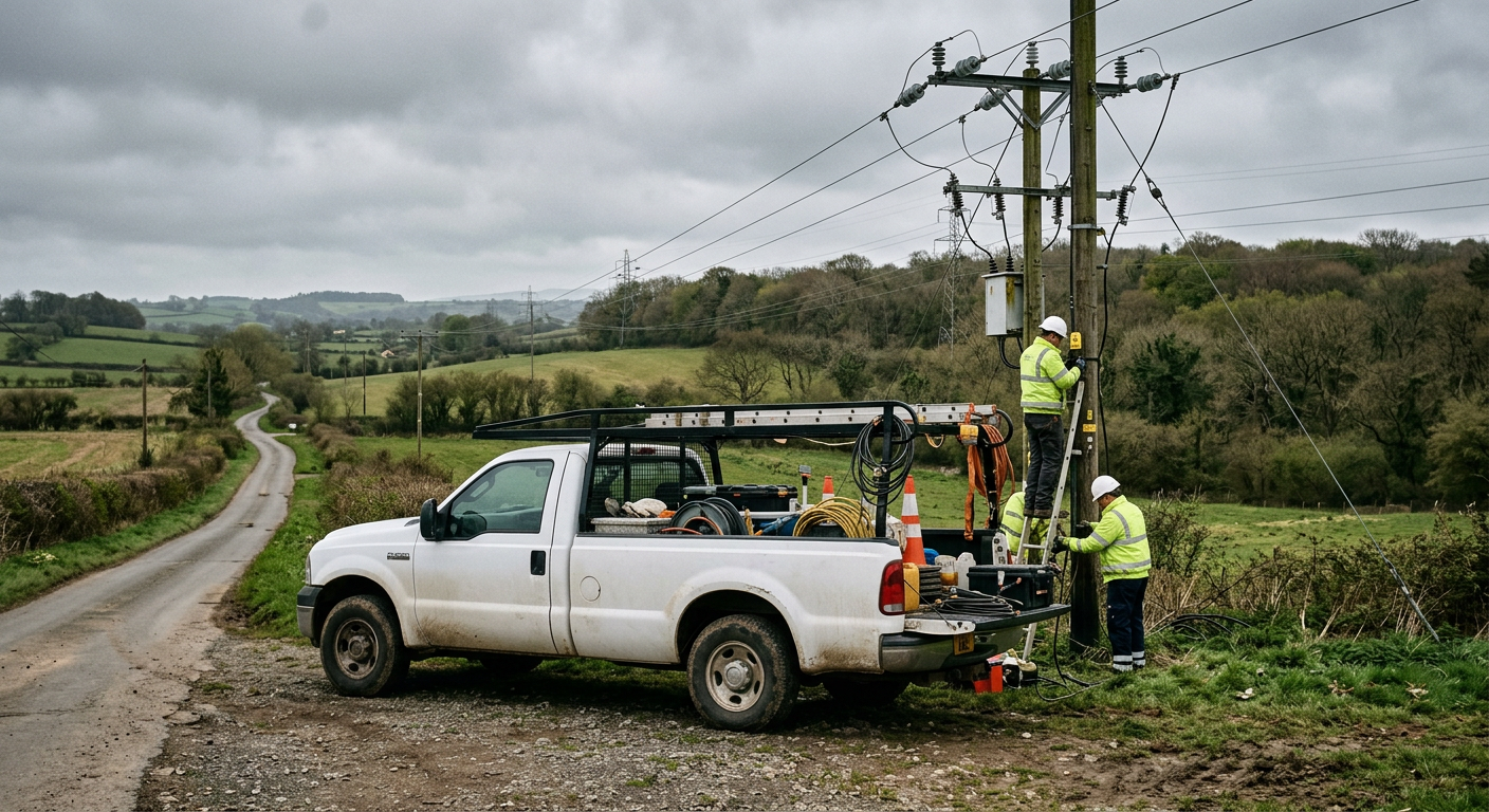 A utility service pickup truck parked beside power line infrastructure on a rural road