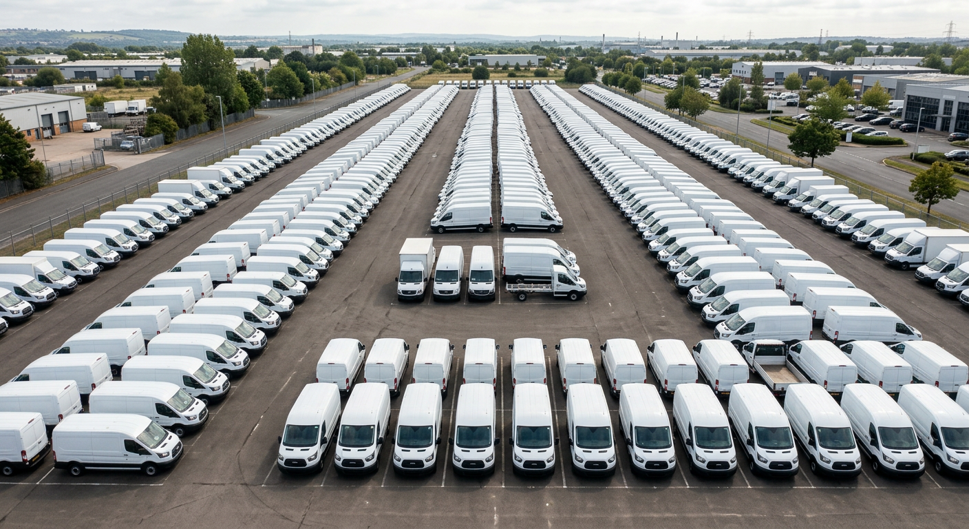 Rows of white commercial vans and light trucks in a rental fleet lot