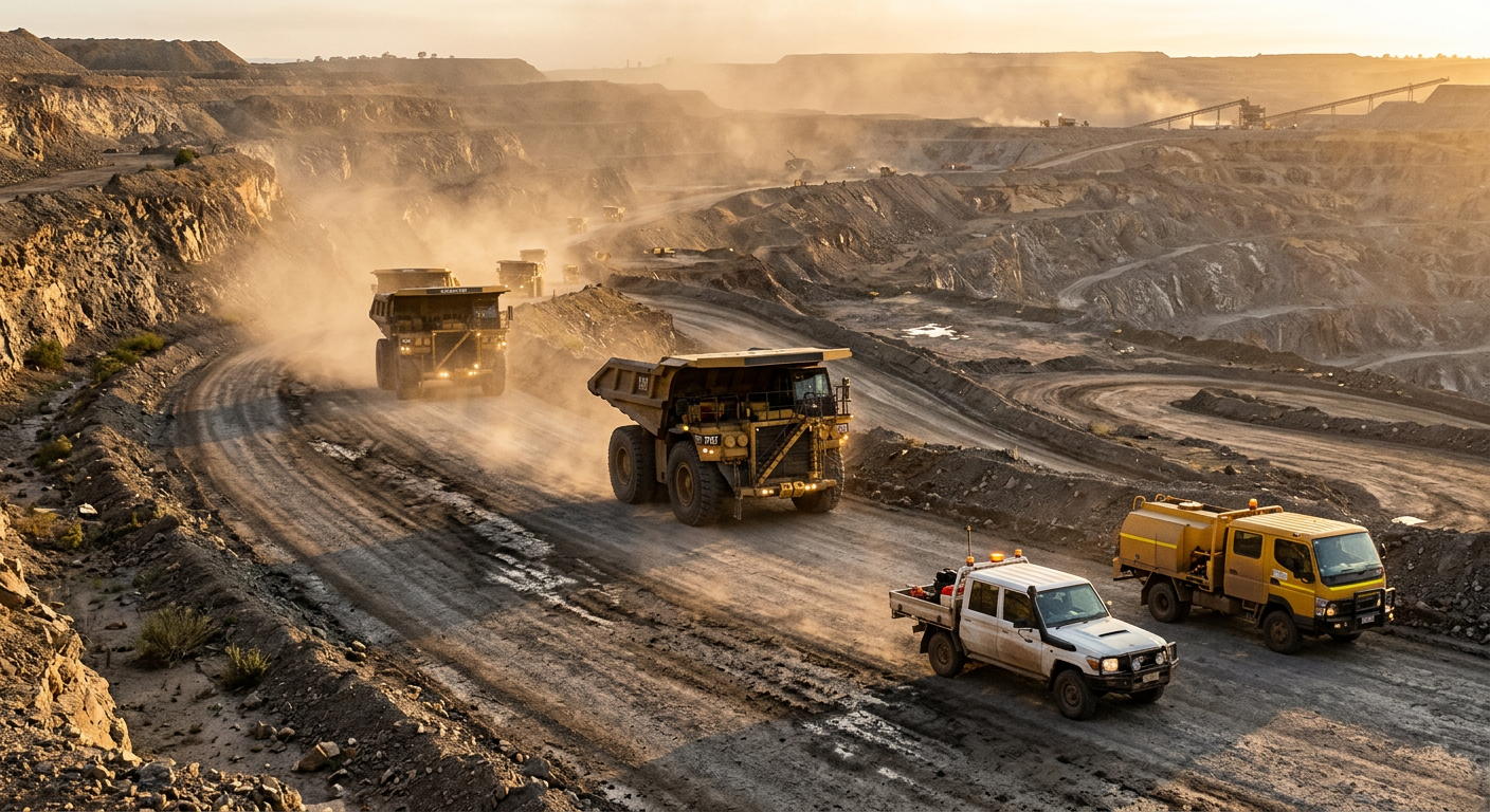 Haul trucks and service vehicles on a private gravel road at an industrial site in morning light
