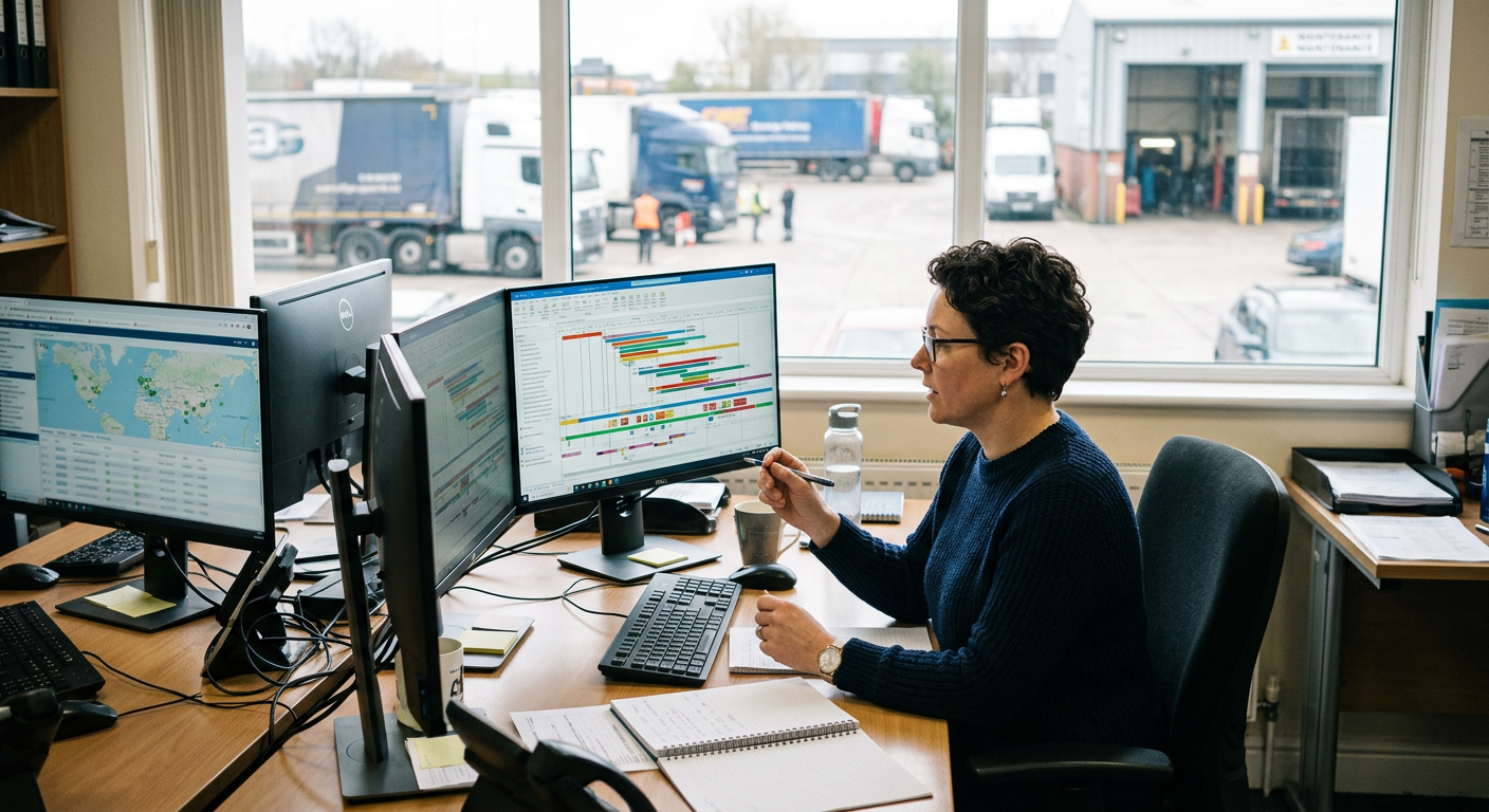 A risk analyst reviewing incident timeline charts with a truck depot visible through the window